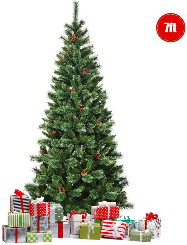 7-Fuß-Weihnachtsbaum mit Scharnier und gemischten Kiefernnadeln, Zapfen und Metall