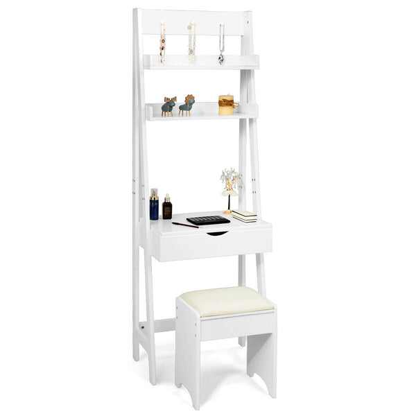 Ladder Styled Dressing Table with Shelves, Mirror and Stool