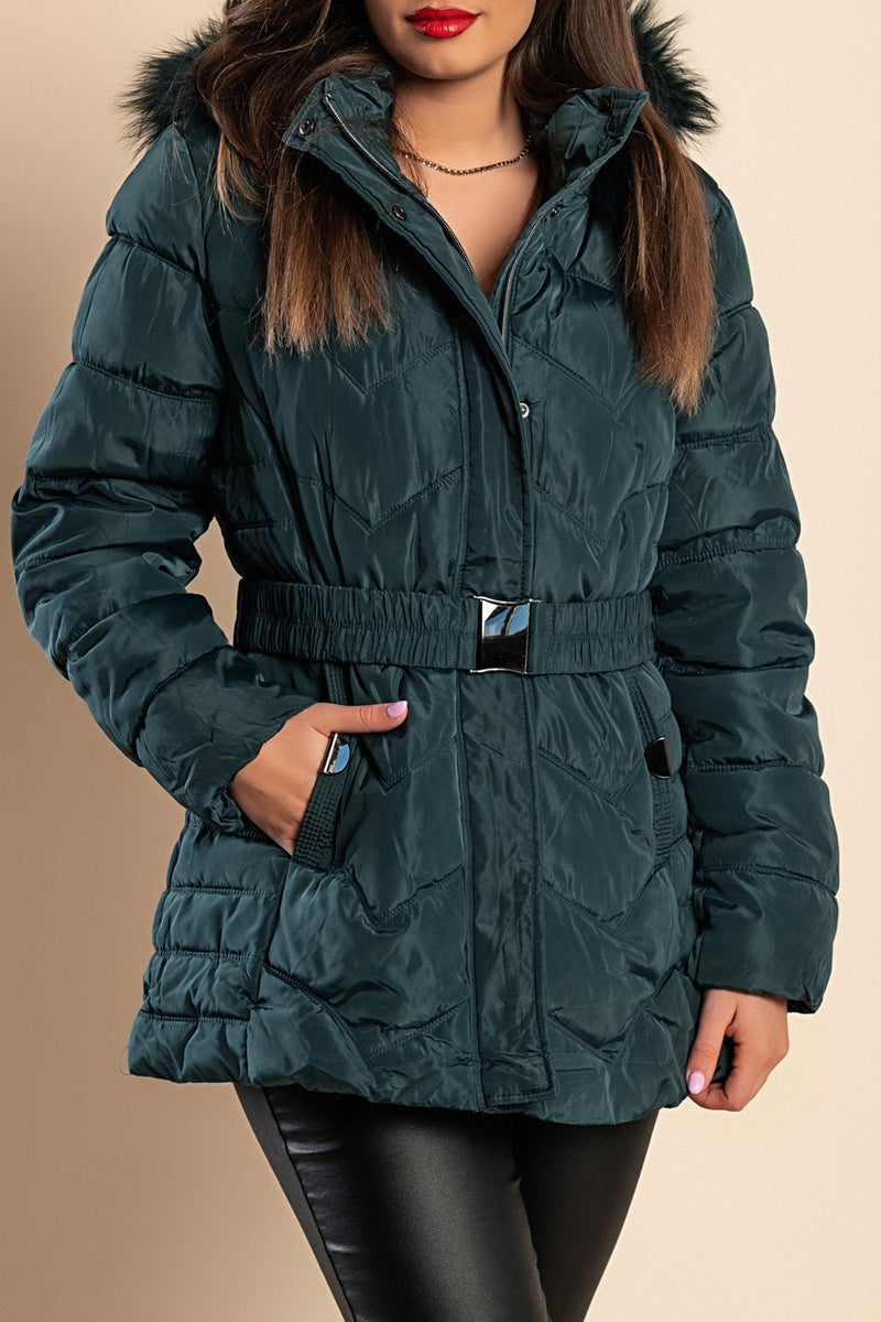 Short padded winter jacket with hood plus size, petrol
