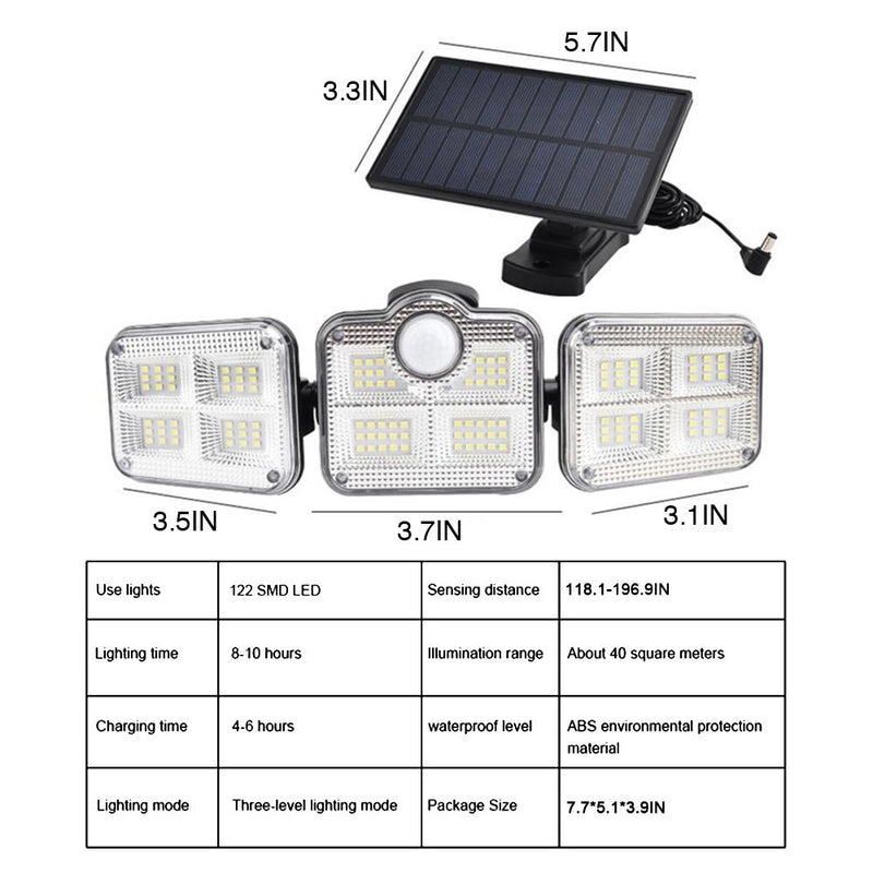 Solar Sensor Light 122 LED 3Head Outdoor Spotlight with 3 Modes