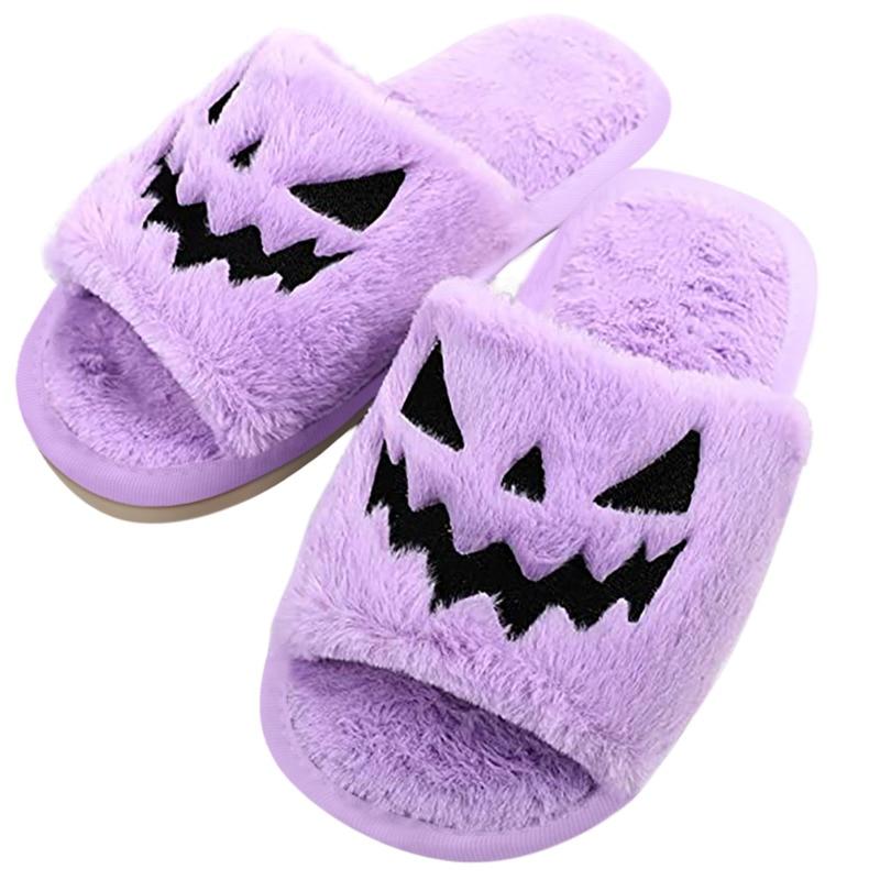 Halloween Pumpkin Fuzzy Slippers Soft Plush Cozy Open Toe Women Slides