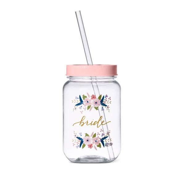 16 oz. Bride Plastic Mason Jar in Pink and Gold Calligraphy
