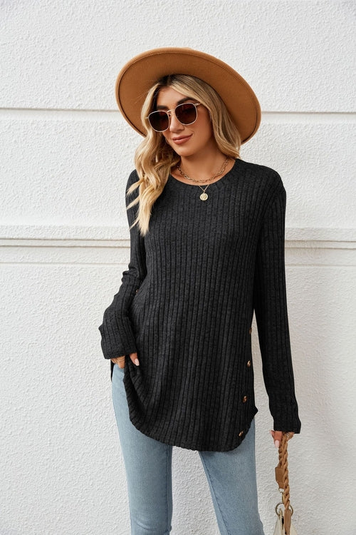 Loose-Fit Long Sleeve Button T-Shirt for Women with Round Neck