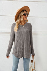 Loose-Fit Long Sleeve Button T-Shirt for Women with Round Neck