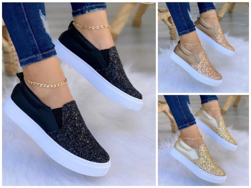 Moccasins Glitter Flat Female Loafers Shoes Rose Gold/Black/Gold